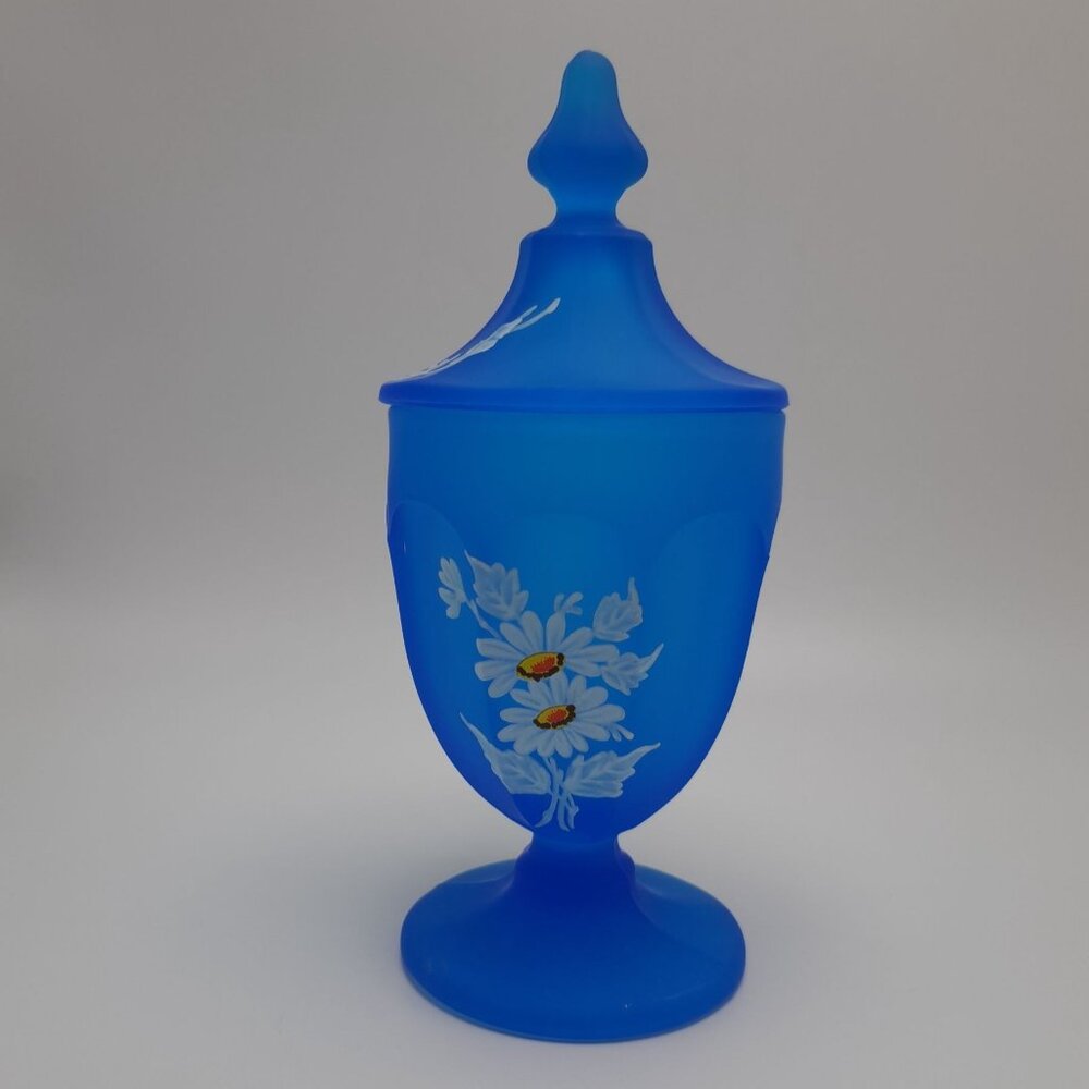 Westmoreland Satin Blue Glass Jar With Lid Hand Painted Floral Design